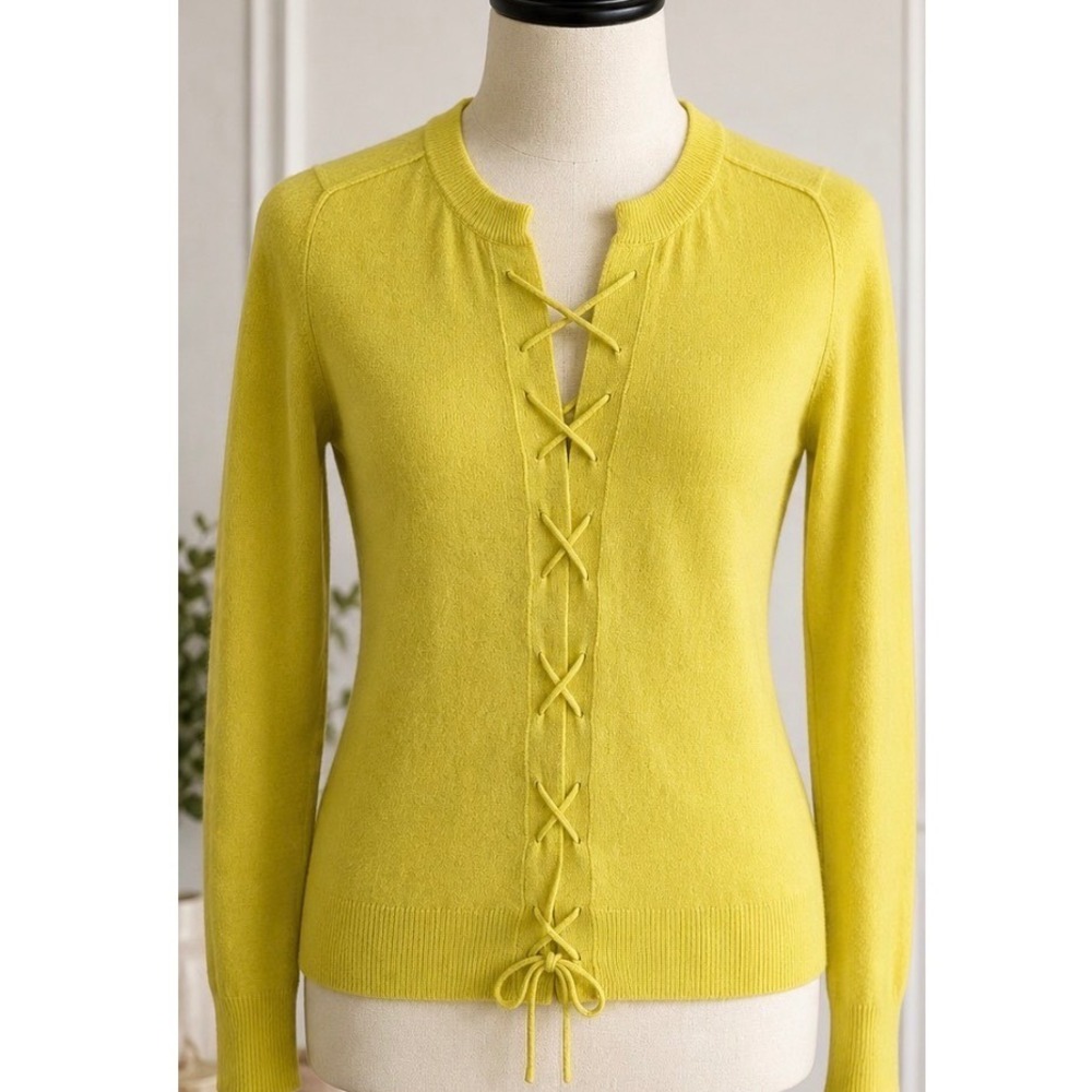 Cashmere Lace Up Front Sweater Womens XS Chartreuse Lime Minimalist Soft Knit